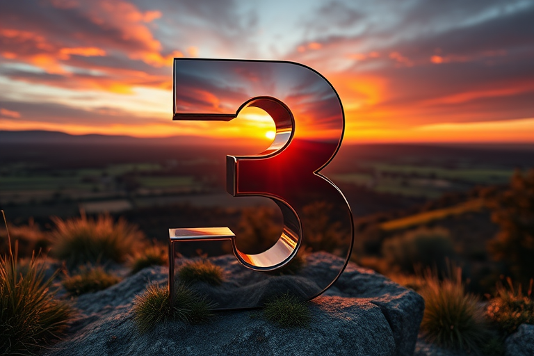 Regenerate an image of a 3D metallic number three reflecting a scenic landscape in high detail, using a Canon EOS R5 with an 85mm f/1.2 lens, aperture set to f/8, ISO 100, and a wide-angle view at sunset for enhanced color saturation and depth.
