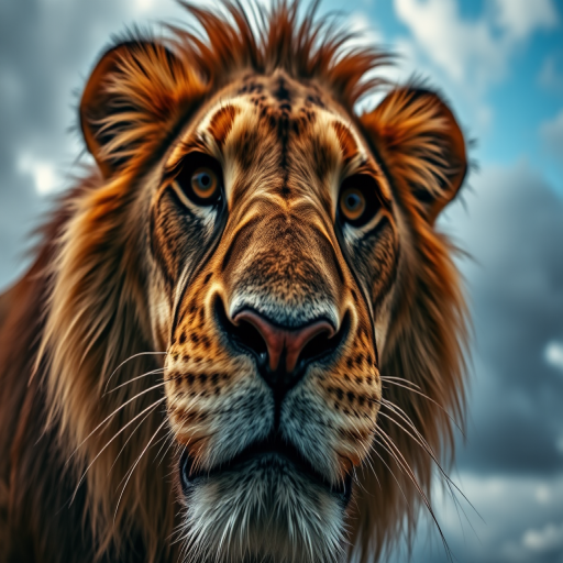 Create a close-up image of a lion's face with intense eyes staring directly at the viewer, capturing a dramatic sky with clouds in the background, using a Canon EOS 5D Mark IV, aperture f/2.8, shutter speed 1/1000 sec, ISO 200, taken from a low angle perspective for added depth and focus on the lion's features.