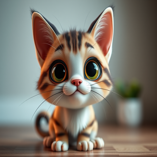 Generate a cute cartoonish cat character with exaggerated facial features, in a playful pose, using high-resolution settings, with a focus on clarity and detail, captured from a wide-angle view using a digital SLR camera, at f/2.8 aperture, ISO 100, and a 50mm lens.