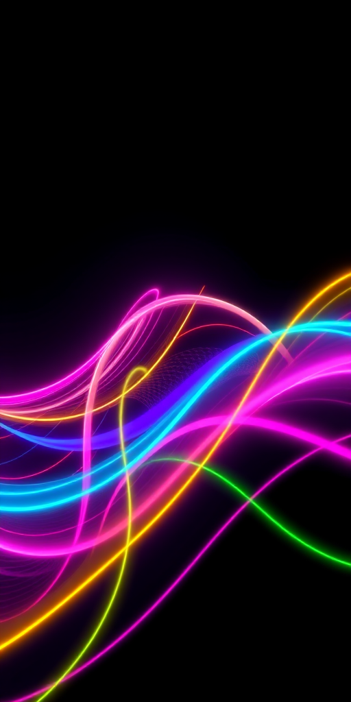 generate a vibrant abstract wave image with colorful flowing lines in neon shades of pink, green, blue, and yellow against a dark background, using a DSLR camera with a 50mm lens at f/1.8, ISO 100, and a slow shutter speed of 1/15s, capturing a high-resolution 4K quality with a wide-angle view and a focus on the fluidity and motion of the lines