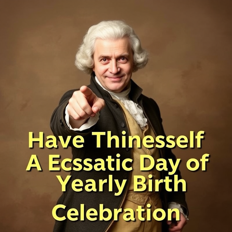 Create an image of a historical figure dressed in 18th century attire with a playful expression pointing towards the viewer. The background should be a warm, muted color to give an inviting feel. Overlay the text "Have Thineself A Ecstatic Day of Yearly Birth Celebration" in a bold, easy-to-read font.