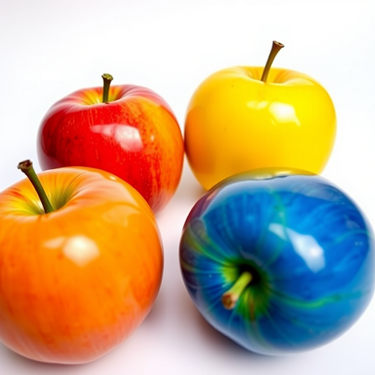 Create a high-resolution image of four glossy, colorful apples (green, red, yellow, and blue) with reflective surfaces on a smooth white background, using a DSLR camera with a 50mm lens, aperture set to f/2.8, shutter speed of 1/125 sec, and ISO 100, shot from a low angle for a dynamic perspective.