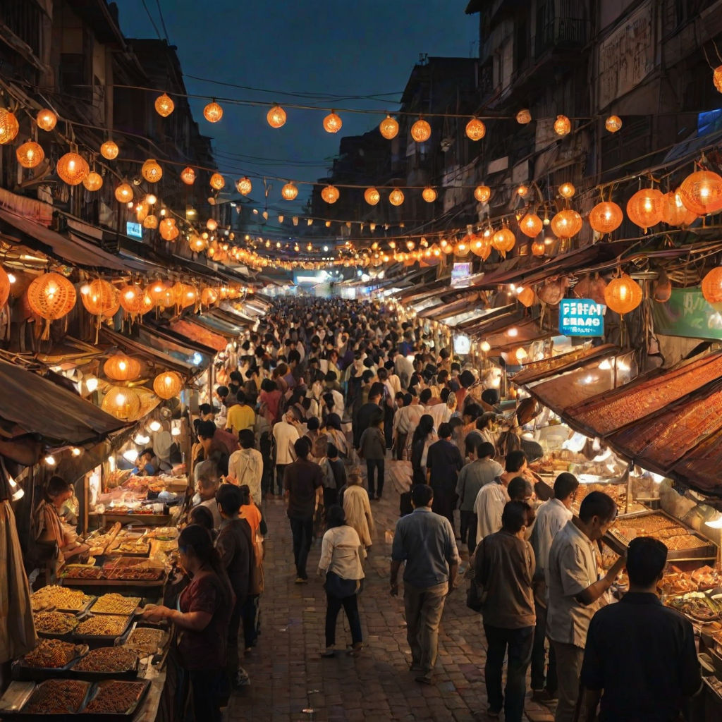 Bustling street market at night, with food stalls serving delicious treats, the aroma of spices in the air, and vibrant lights creating an inviting atmosphere.