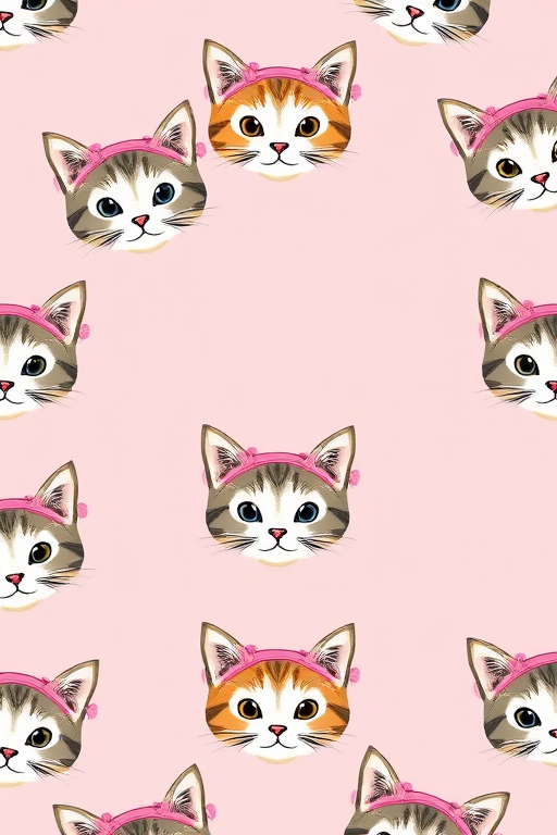 Create a seamless pattern of cute cat faces with pink headbands on a soft pink background, using a Nikon D850 with a 50mm lens, aperture f/2.8, ISO 100, top-down view, in a flat lay style for enhanced clarity and color vibrancy.