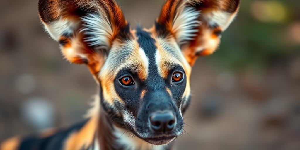 Create a close-up portrait of an African wild dog with striking multicolored fur and big ears, taken with a Canon EOS R5, 85mm lens, f/1.8 aperture, ISO 100, natural light, shallow depth of field, vibrant colors and sharp focus.
