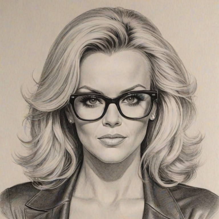 Exquisite Jenny McCarthy, pencil sketch, portrait of Ravishing woman 1977s in glasses, hair style beatnik, outline, clear lines, fine lines, 8k