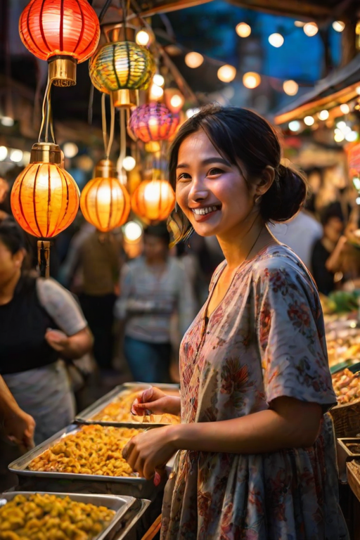 Bustling night market, with hanging lights illuminating the scene, a woman in a casual dress browses stalls selling exotic foods and handcrafted trinkets, her smile reflecting the festive energy.