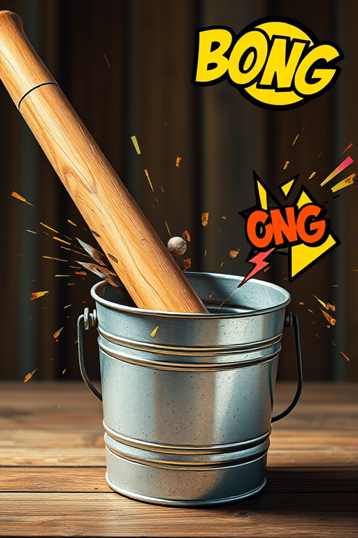 Create a high-resolution illustration of a wooden baseball bat striking a metal bucket, with comic-style "BONG" sound effects, using a DSLR camera with a 50mm lens at f/2.8 for a shallow depth of field and vibrant colors, capturing the dynamic motion and impact.