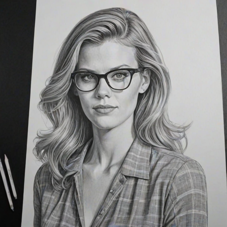 Sublime Brooklyn Decker, pencil sketch, portrait of Enticing woman 1941s in glasses, hair style beatnik, outline, clear lines, fine lines, 8k