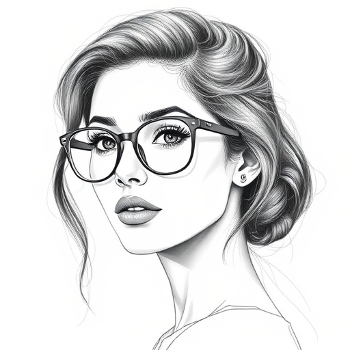 hot mia khalifa, pencil sketch, portrait of beautiful woman 60s in glasses, hair style beatnik, outline, clear lines, fine lines, 8k