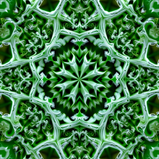 Create a high-resolution abstract fractal image with intricate white and green patterns, using a DSLR camera with a 50mm lens, aperture f/8, ISO 100, and a soft focus effect to enhance texture and depth.
