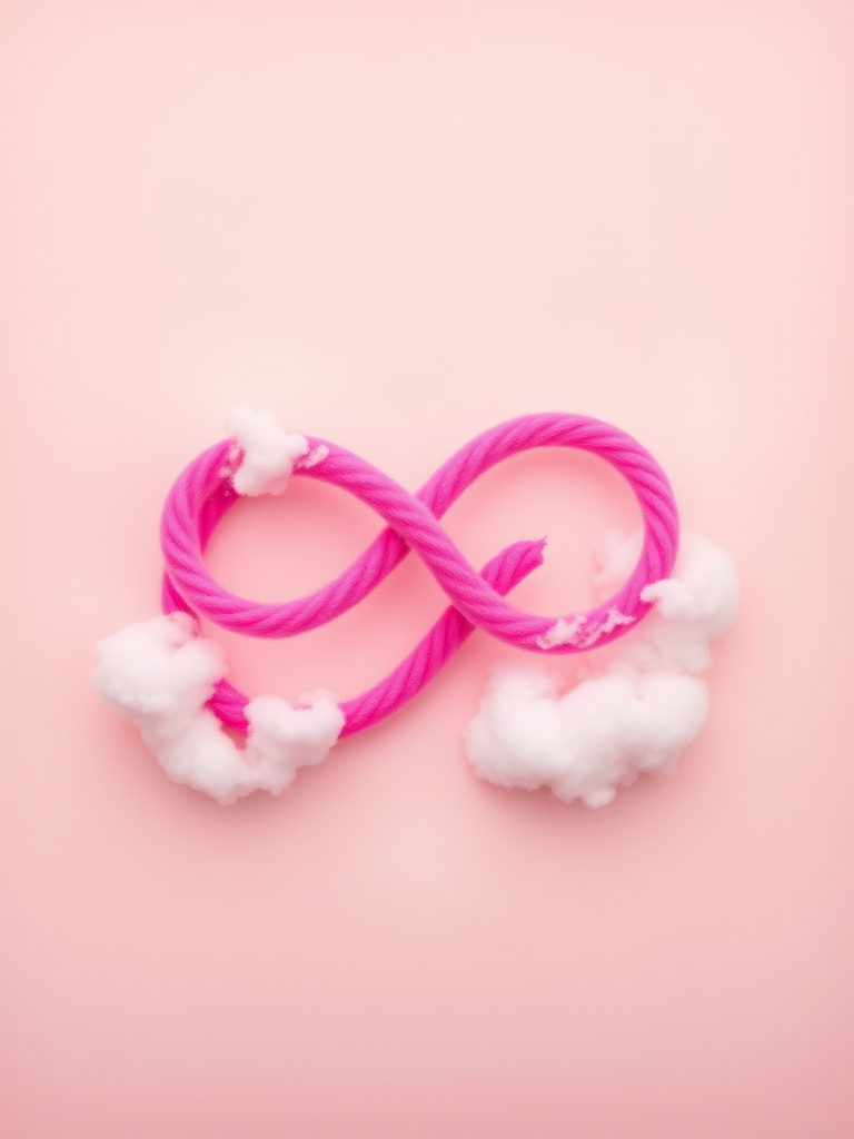 Create a vibrant pink infinity symbol blended with fluffy clouds on a soft pastel background, shot with a Canon EOS R5 at f/2.8, 1/125 sec, ISO 100, top-down view, using a soft-focus lens for a dreamy effect.