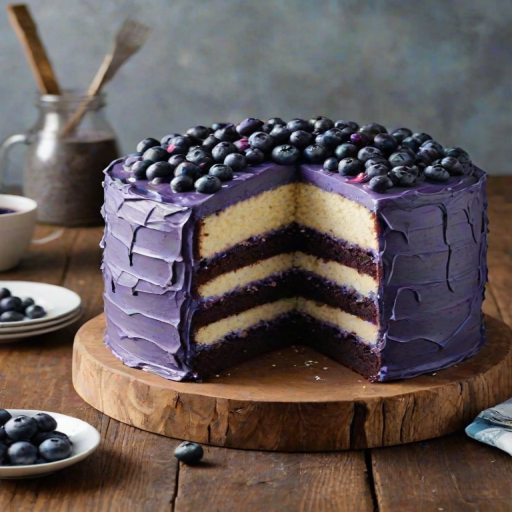 Generate an image of a beautifully layered cake with a dark blue and purple interior. The cake should have a smooth, light-colored frosting and be topped with fresh blueberries. A slice should be cut out to reveal the vibrant layers inside, showcasing a mix of textures and colors. The cake is placed on a wooden cake stand with a rustic feel.