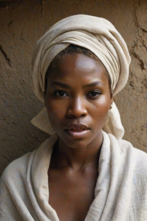 Create a close-up photographic image of a Zulu woman with light skin tones shown against an old, worn wall. Their head is wrapped in a white cloth covering (i.e.... parts of the head except the nose and mouth, which are open as if they are screaming...), with a slight texture and visible folds in the fabric. Thin strands of blonde hair escape from the wrapping above, falling lightly at the top and sides. Their hands hold the fabric as if they are tugging nervously. The lighting is dramatic and even, casting strong shadows. The image has a minimalist and surreal style with an emphasis on simplicity with soft color tones. The composition is centered.