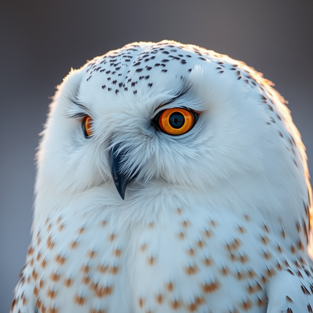 Regenerate a high-resolution close-up of a snowy owl with captivating golden eyes, vibrant feathers, and a soft blurred background, captured with a Canon EOS R5, 85mm lens, f/1.4 aperture, ISO 100, natural lighting.