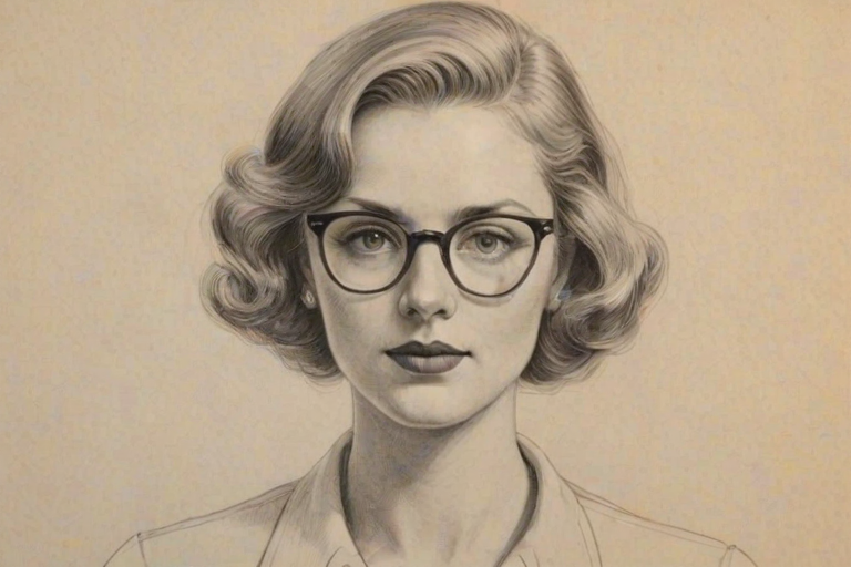 Magnificent Sophie Thatcher, pencil sketch, portrait of Attractive woman 1931s in glasses, hair style beatnik, outline, clear lines, fine lines, 8k