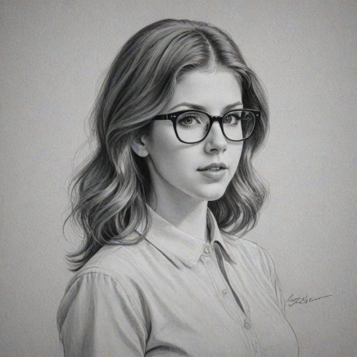 Lovely Anna Kendrick, pencil sketch, portrait of Lovely woman 1951s in glasses, hair style beatnik, outline, clear lines, fine lines, 8k