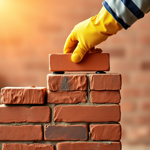 Generate an image of a hand wearing a yellow glove placing a brick on top of a partially constructed brick wall. The background should feature a warm, softly lit environment, highlighting the texture of the bricks and the hand's action.