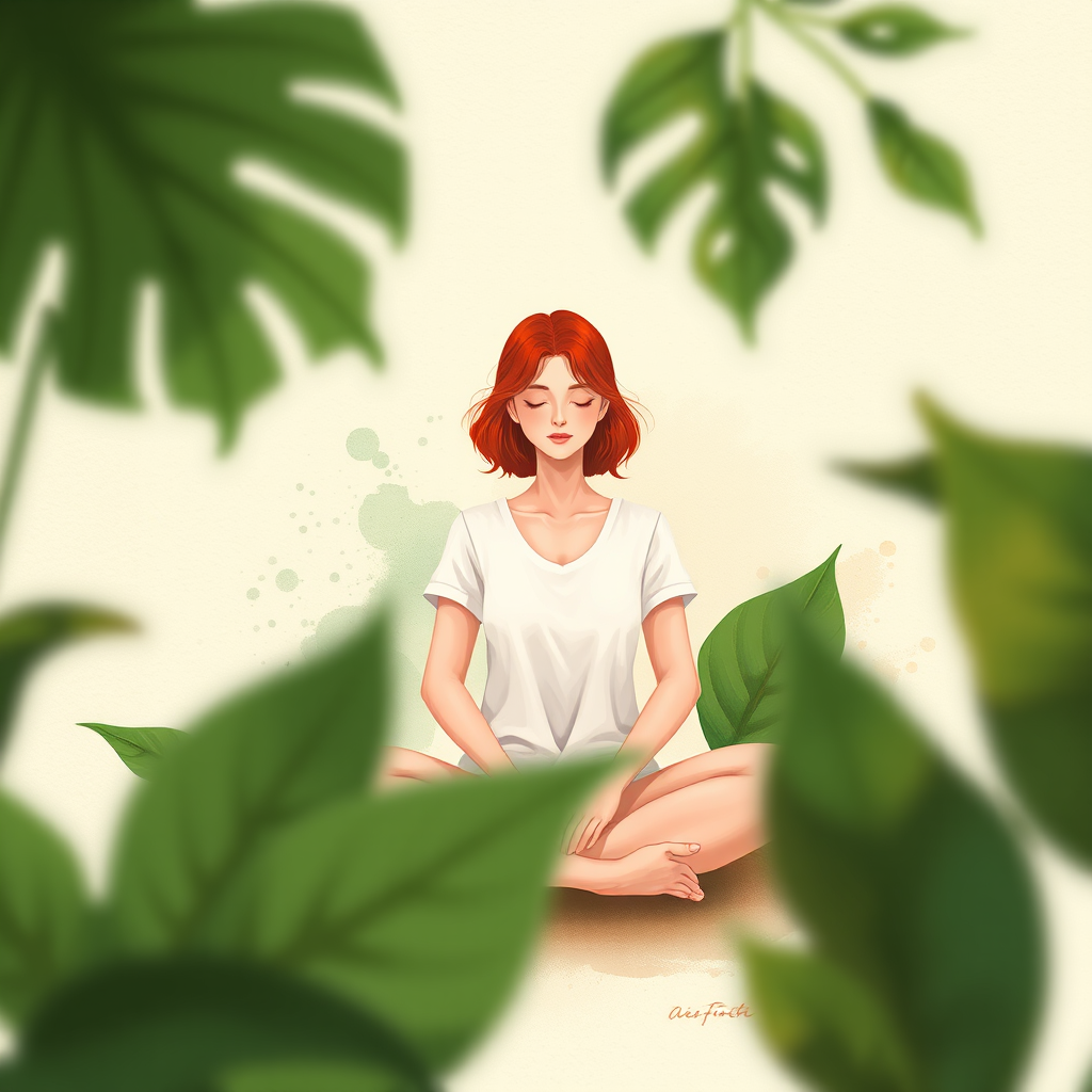 create a digital illustration of a woman with red hair sitting cross-legged in a serene pose, surrounded by large green leaves and gentle splashes of watercolor, use a warm color palette, focus on a soft, textured background, employ a depth of field effect, camera settings: f/2.8, ISO 100, shutter speed 1/60s, shot with a mirrorless camera, using a 50mm lens for a natural perspective.