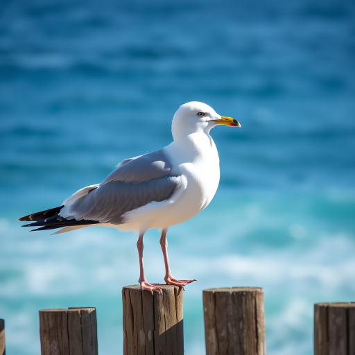 capture a close-up of a seagull perched on a wooden fence overlooking the ocean with vibrant blue waters in the background, use a Canon EOS 5D Mark IV with a 50mm lens at f/2.8, ISO 100, shutter speed 1/2000 sec, natural lighting for enhanced clarity and detail