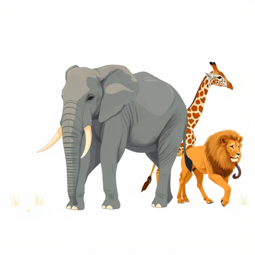 Create a high-resolution vector illustration of an elephant, giraffe, and lion walking in a line, with a focus on detailed textures and clear outlines, using a Canon EOS R5 with a 50mm lens, f/2.8 aperture, ISO 100, and natural lighting to enhance visual clarity and vibrancy.