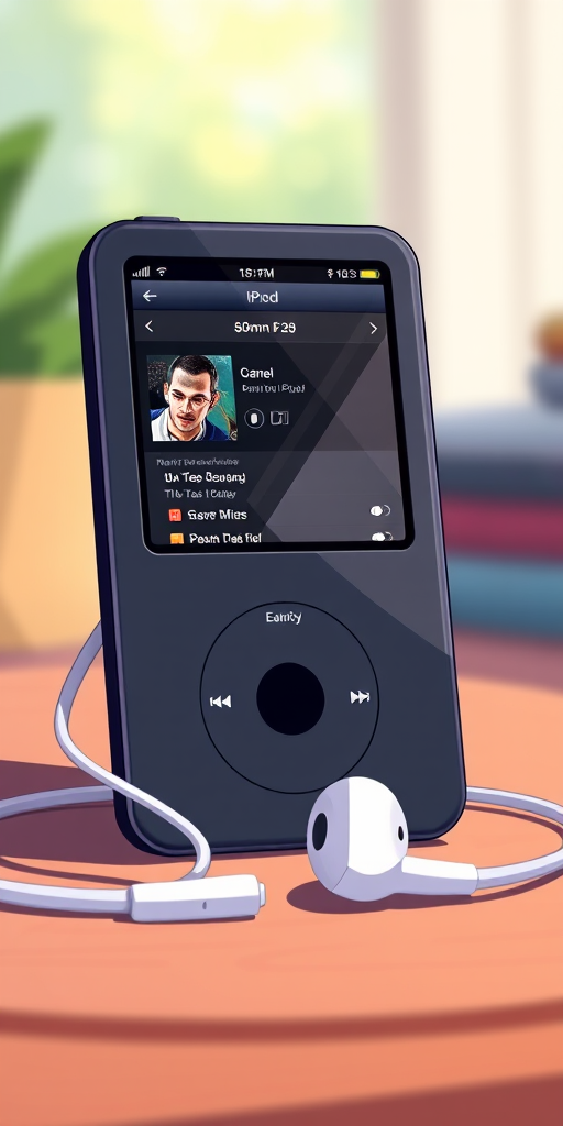 Create a high-resolution digital illustration of a black iPod with a detailed screen displaying a music menu, white earbuds attached, using a 50mm lens at f/2.8, with soft natural lighting and perspective view from slightly above.
