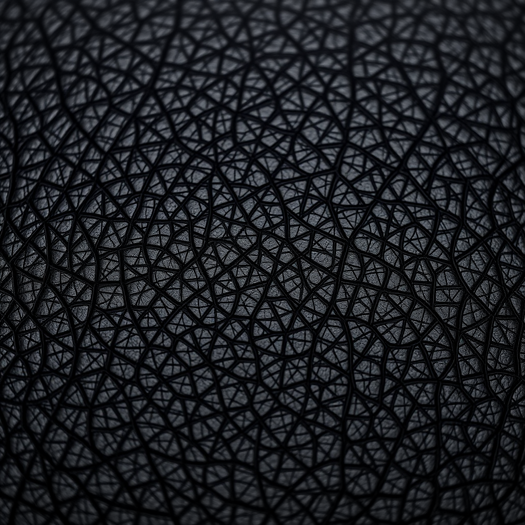 Create a high-resolution image of a textured black leather background, use a Canon EOS R5 camera, set aperture to f/4, ISO 100, shutter speed 1/125 sec, with a focused close-up view to enhance details and richness in texture.