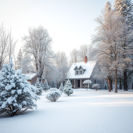 winter landscape with a snow-covered house and trees, soft natural lighting, focal length 35mm, aperture f/8, ISO 200, wide shot, DSLR camera, high resolution