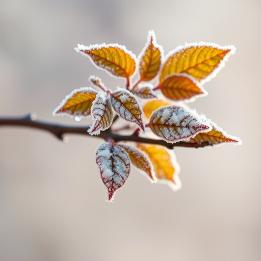 frost-covered leaves on a branch, shallow depth of field, macro photography, natural light, aperture f/2.8, shutter speed 1/200s, ISO 200, DSLR camera, soft focus background