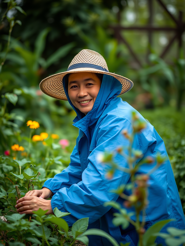 portrait of a person in a blue raincoat and straw hat tending to a garden surrounded by lush greenery, shallow depth of field, shot with a Canon EOS R5 at f/2.8, ISO 100, 50mm lens, natural light, soft focus background, vibrant colors