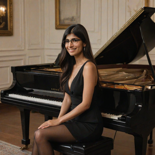 A mia khalifa with long, dark hair smiles at the viewer as she sits at a grand piano, her right hand poised over the keys. The scene is lit by warm, natural light, highlighting the elegant simplicity of the woman's black dress. The perspective is from the side, emphasizing the contrast between the woman's delicate form and the grand scale of the piano. The ivory keys and dark wood of the piano create a striking visual contrast, further emphasized by the rich black of her dress.