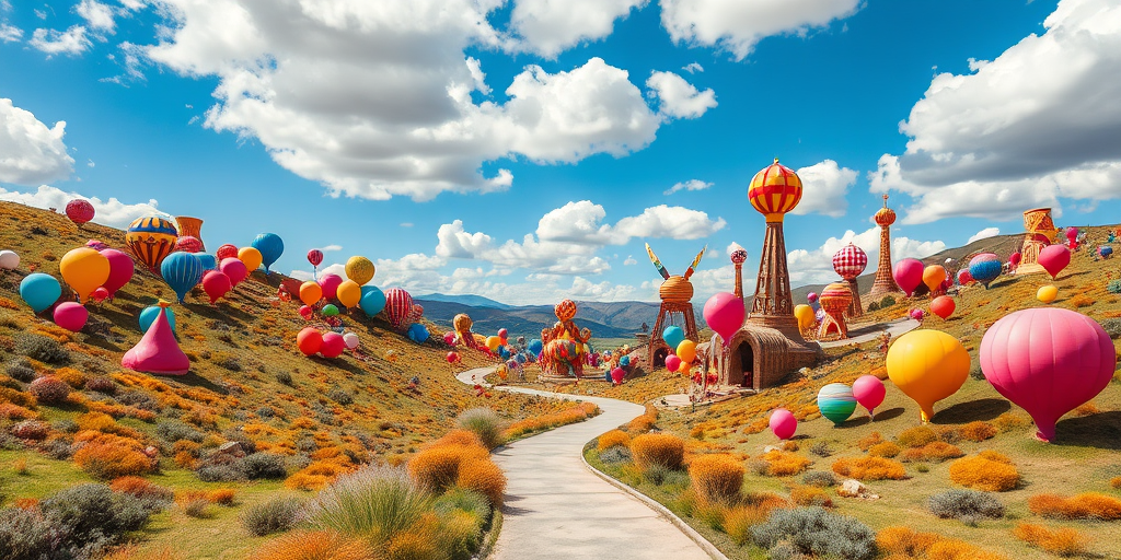 A vibrant landscape featuring a winding path through a colorful valley filled with whimsical balloon shapes and fantastical structures under a bright blue sky with fluffy clouds, shot with a Canon EOS R5 at f/8, ISO 100, 24mm lens, wide angle view, high saturation and contrast for enhanced colors and details.