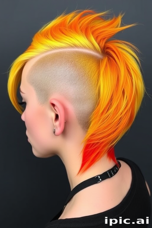 Fierce flame-inspired undercut featuring vibrant yellows and oranges, Blaze's hair ignites passion with its bold color placement and edgy asymmetrical design, shaved on one side and long on the other