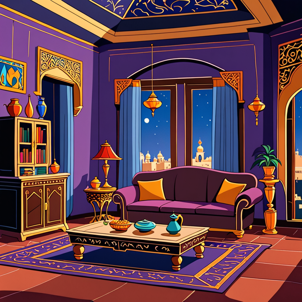 An empty waste living room in the city of Agrabah from the cartoon Aladdin.  Night. No, image size:1024x1024