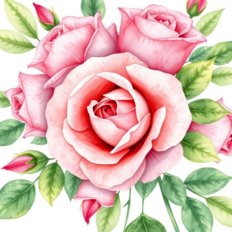 Create a detailed watercolor illustration of roses and leaves, focusing on various shades of pink and green, captured with a Canon EOS 5D Mark IV, 50mm lens, f/1.8 aperture, ISO 100, with soft natural lighting to enhance texture and color vibrancy.