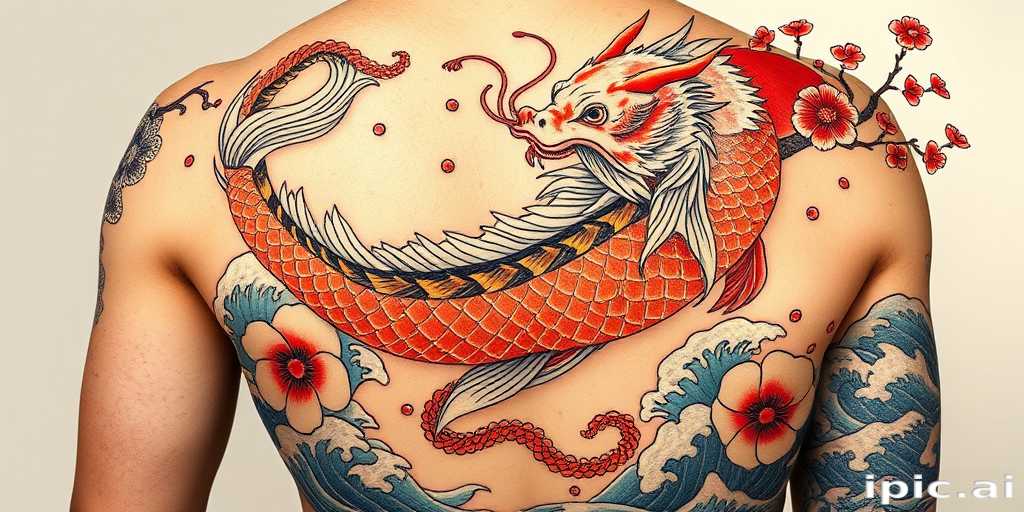 Japanese-inspired irezumi tattoo of a koi fish transforming into a dragon, flowing across the entire back, with waves and cherry blossoms in traditional colors