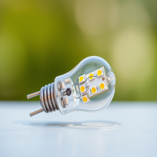 Create a high-resolution image of a LED light bulb with a transparent casing and two long metal leads, using a DSLR camera, 50mm lens, f/2.8 aperture, ISO 100, natural lighting, centered composition, and a shallow depth of field to enhance detail clarity.