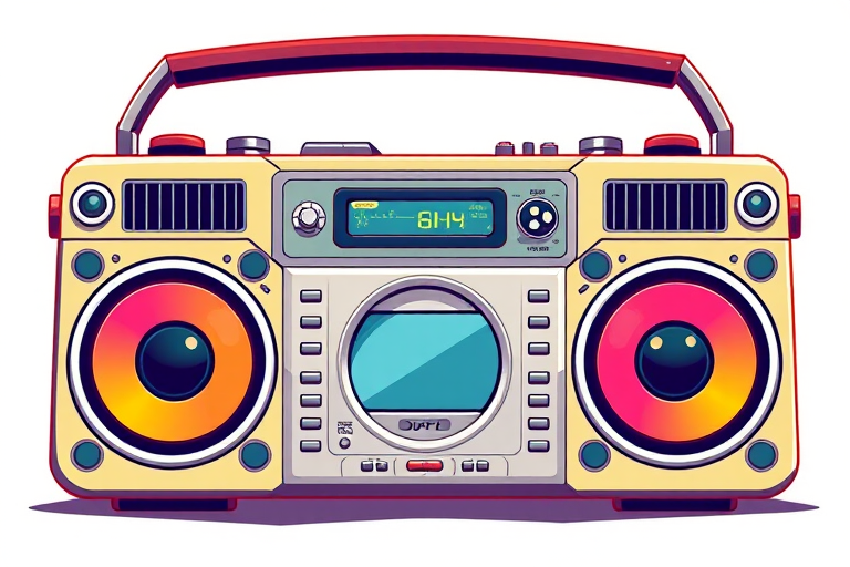 Create a vibrant illustration of a retro boombox with colorful speakers and a digital display, using a high-resolution digital art style, front view, 50mm lens, f/8 aperture, and 300 DPI for enhanced image quality.