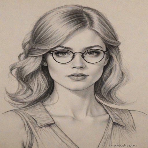 Magnificent Kat McNamara, pencil sketch, portrait of Lovely woman 1931s in glasses, hair style beatnik, outline, clear lines, fine lines, 8k