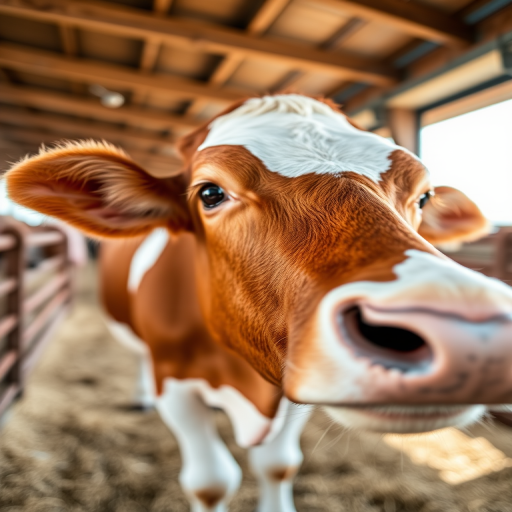 Capture a close-up shot of a brown and white cow in a barn with natural light, aperture set to f/2.8 for a shallow depth of field, ISO 200 for clarity, using a DSLR camera with a 50mm lens.