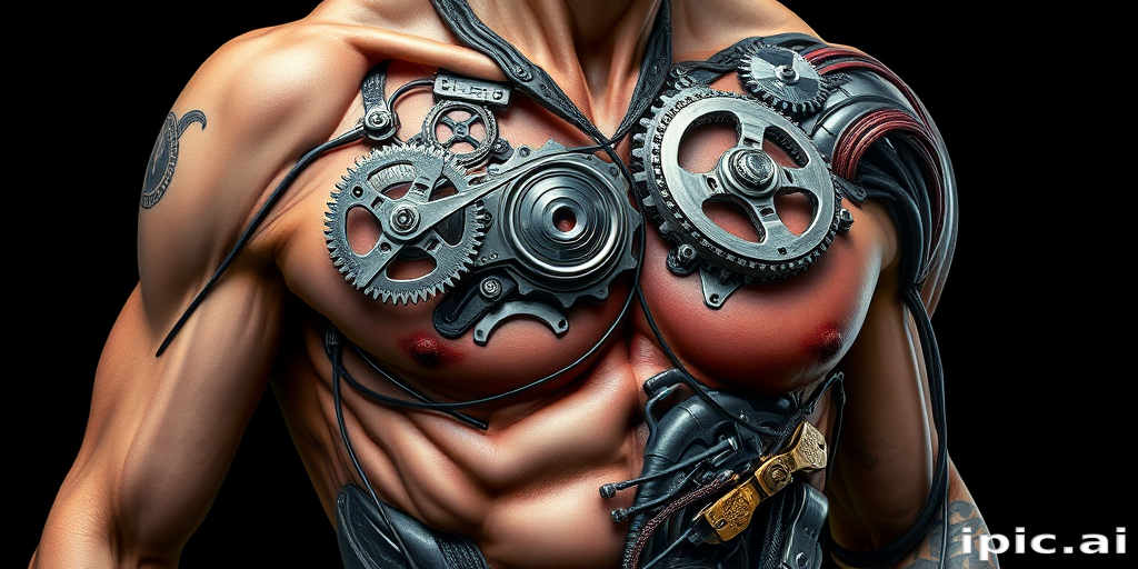 Hyper-realistic 3D biomechanical tattoo called "Cybernetic Evolution" portraying a stunningly lifelike fusion of human anatomy and mechanical components, with intricate gears, wires, and metallic plates seamlessly blending into skin and muscle tissue, creating an illusion of the body being partially transformed into a futuristic cyborg