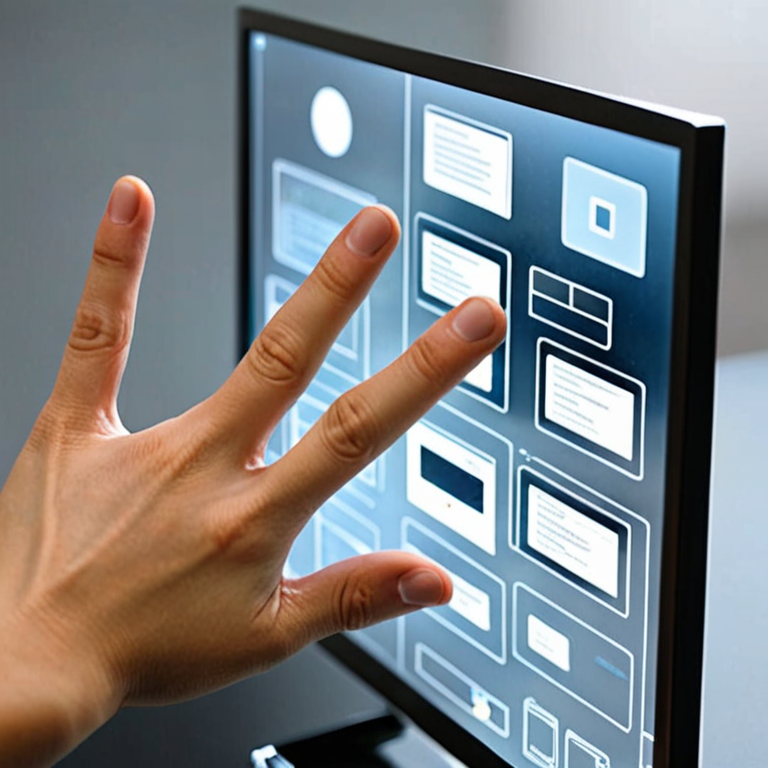 Endless Computer Screen Futuristic transparent computer screen with 1 hand operating the system ...