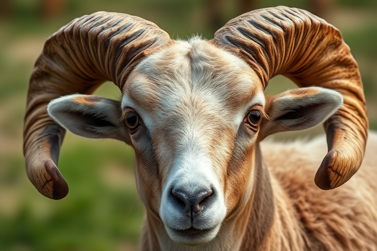 Capture a close-up shot of a ram with large twisted horns, using a DSLR camera at f/4 aperture, ISO 200, 1/200 sec shutter speed, with a shallow depth of field to highlight the texture of the fur and horns in natural lighting.