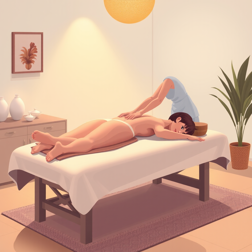 Create a high-quality illustration of a massage scene showing a person giving a massage to a woman lying on a massage table, with soft lighting, in a serene spa environment, using a DSLR camera with a 50mm lens, aperture set to f/2.8, ISO 200, and a soft-focus background.