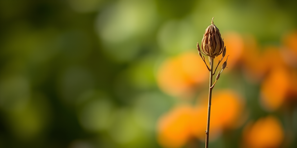 Capture a shallow depth of field photograph of a dried plant in the foreground with a blurred green and orange background, using a DSLR camera, 50mm lens, f/2.8 aperture, ISO 100, shutter speed 1/200s, in natural soft light.