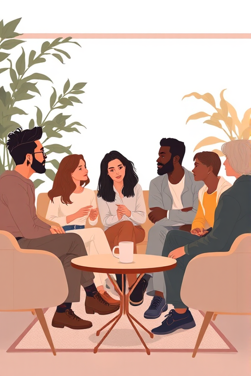Create a modern digital illustration of a diverse group of six individuals engaged in a lively discussion in a cozy, stylish lounge setting, with soft neutral colors and leafy plants in the background, using a Canon EOS R with a 50mm f/1.8 lens, aperture at f/2.8, ISO 200, and a shallow depth of field for a soft background blur.