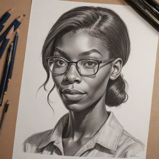 Wonderful Michaela Coel, pencil sketch, portrait of Splendid woman 1946s in glasses, hair style beatnik, outline, clear lines, fine lines, 8k