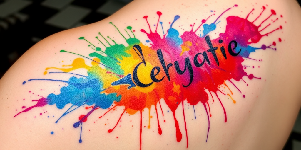 Watercolor splash tattoo titled "Chromatic Explosion" featuring vibrant paint splatters and drips in a rainbow of hues creating an abstract and dynamic composition