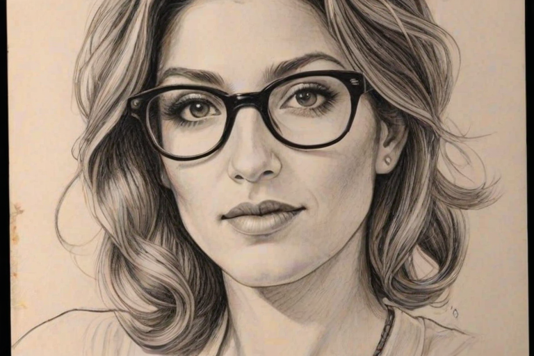 Fetching Jennifer Esposito, pencil sketch, portrait of Lovely woman 1931s in glasses, hair style beatnik, outline, clear lines, fine lines, 8k
