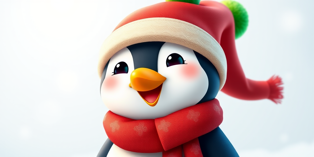 Create a cute cartoon penguin wearing a red hat with a green pom-pom and a red scarf, smiling happily, high resolution, ISO 100, f/2.8 aperture, 50mm lens, soft lighting, and portrait view.